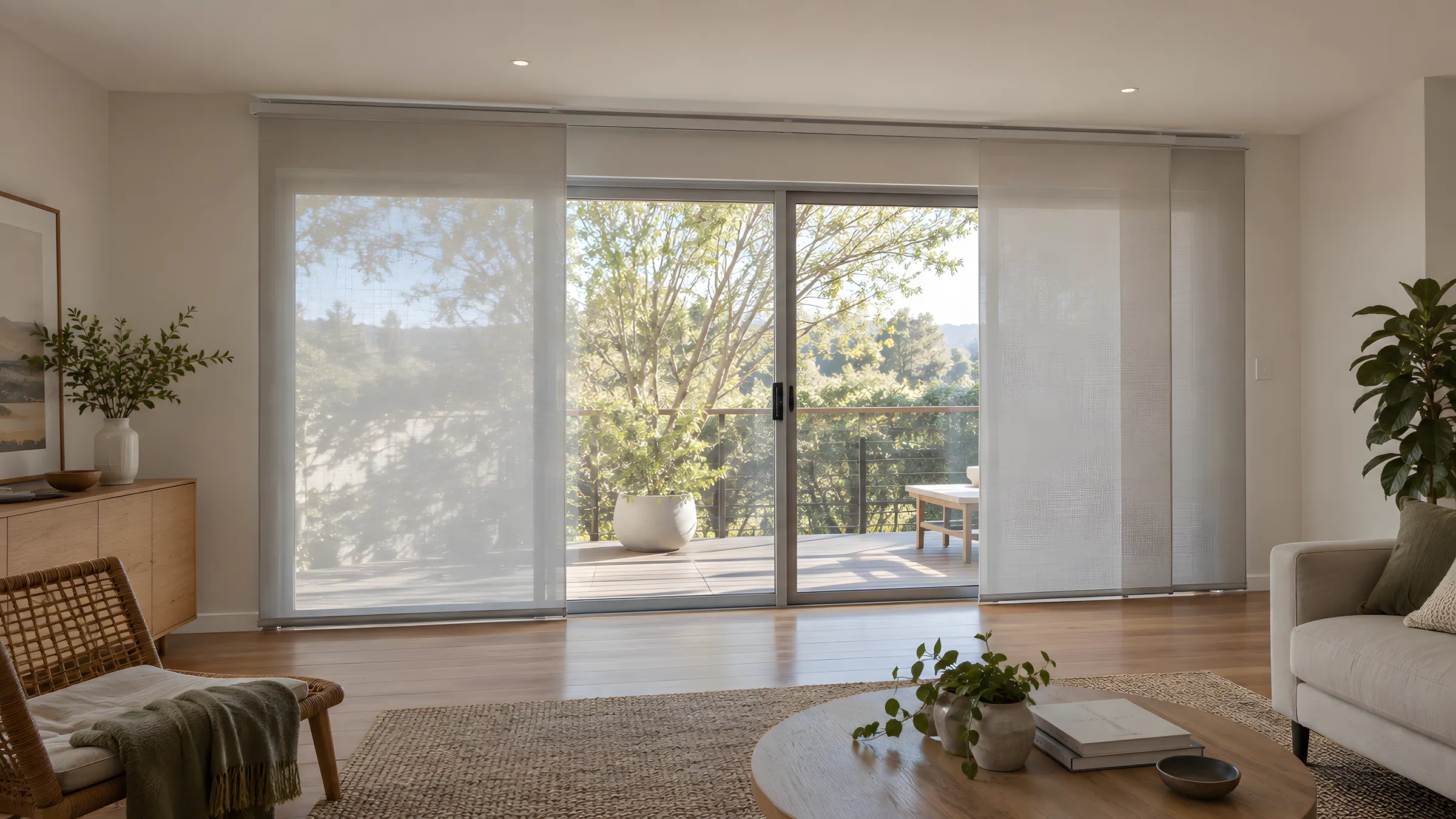 Panel glide blinds in a soft grey screen fabric across a sliding door, partly open