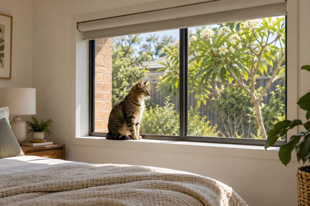 Cat on a windowsill beside a roller blind rolled fully up