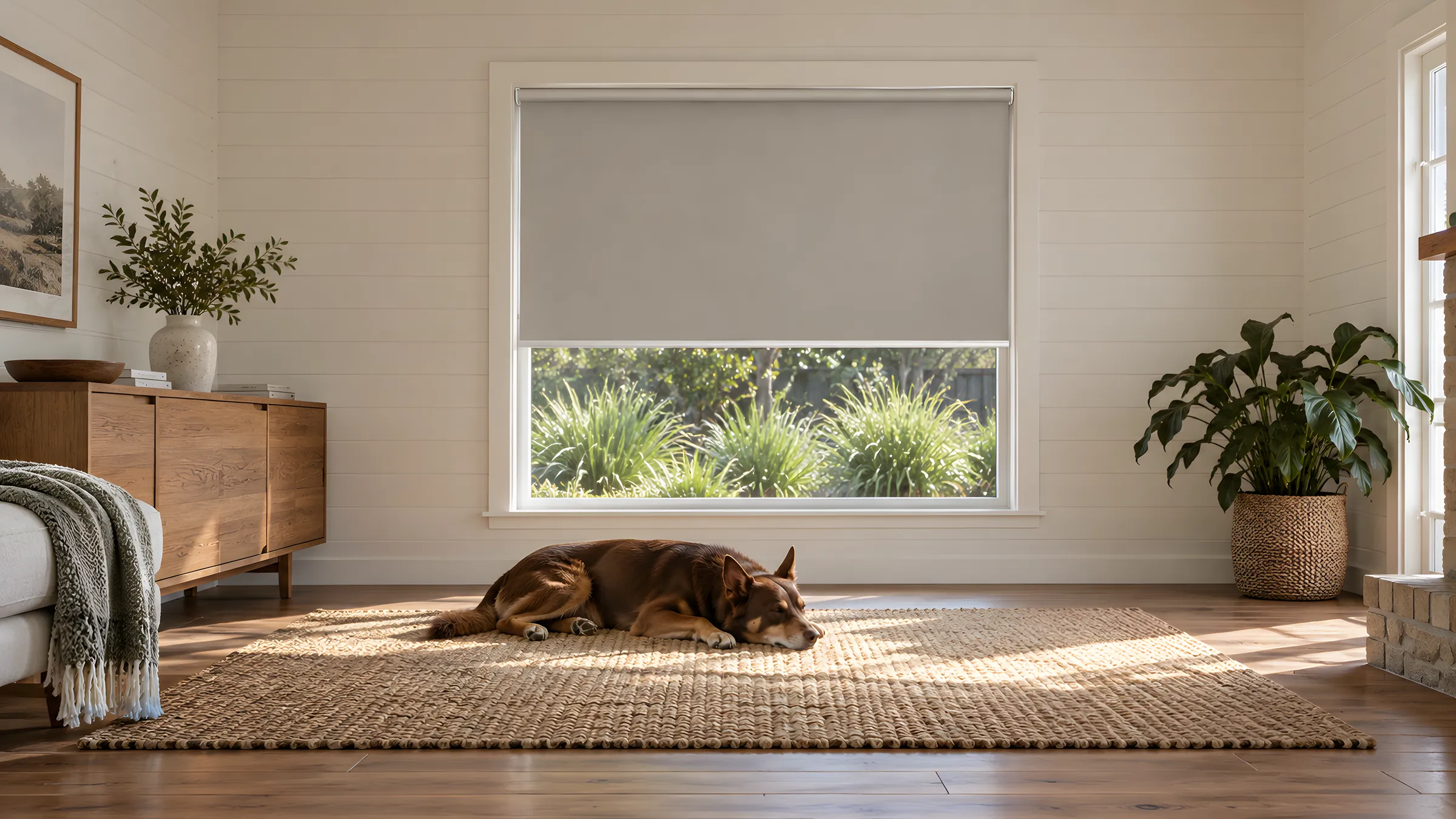 Pet friendly blinds: a dog asleep on a rug beside a window with a cordless roller blind