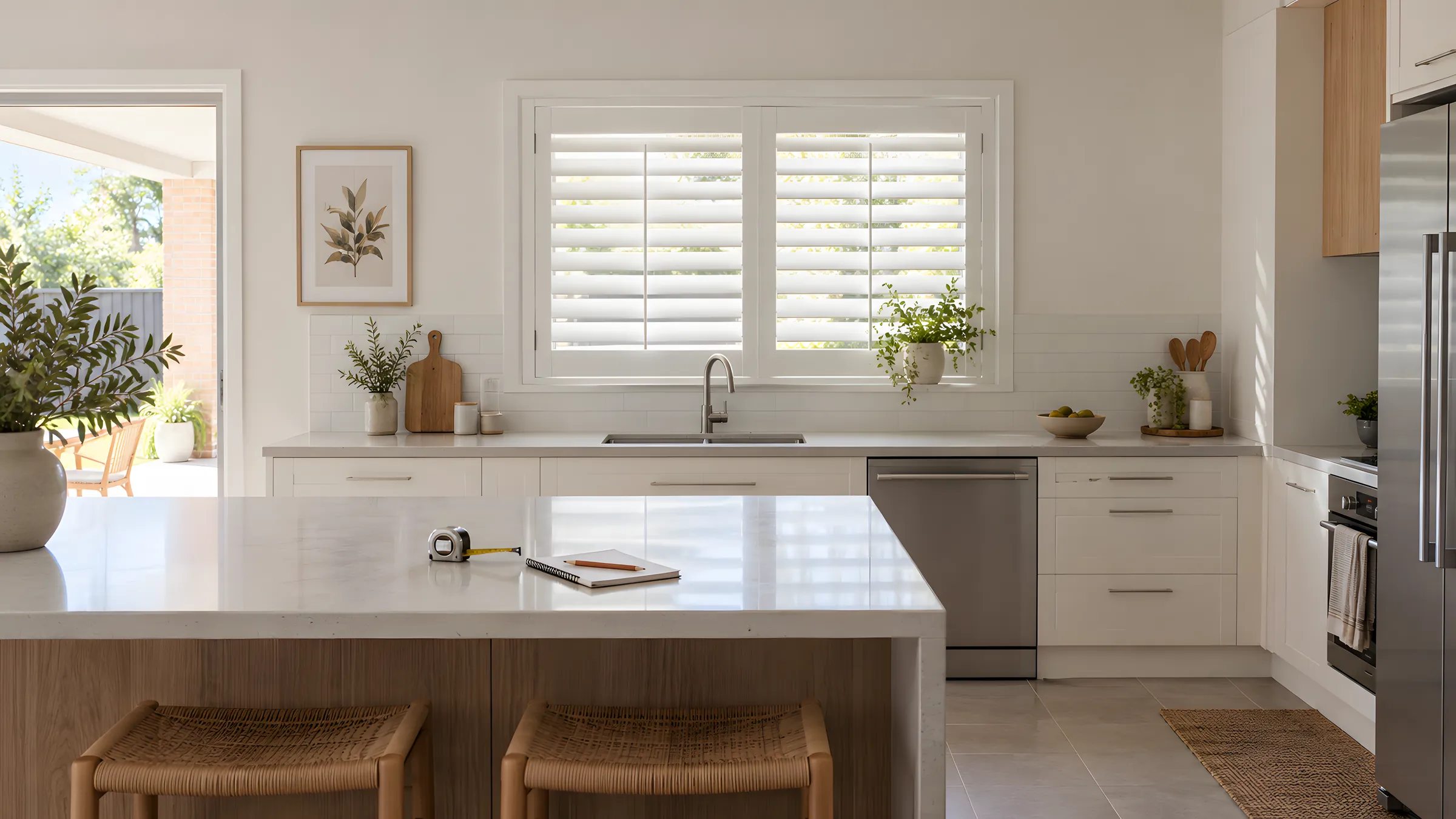 How much do plantation shutters cost? PVC shutters beside a kitchen bench with a metal tape measure and notepad