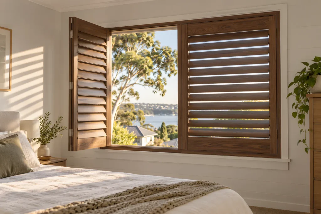 Stained timber plantation shutters in a bedroom window with one panel swung open
