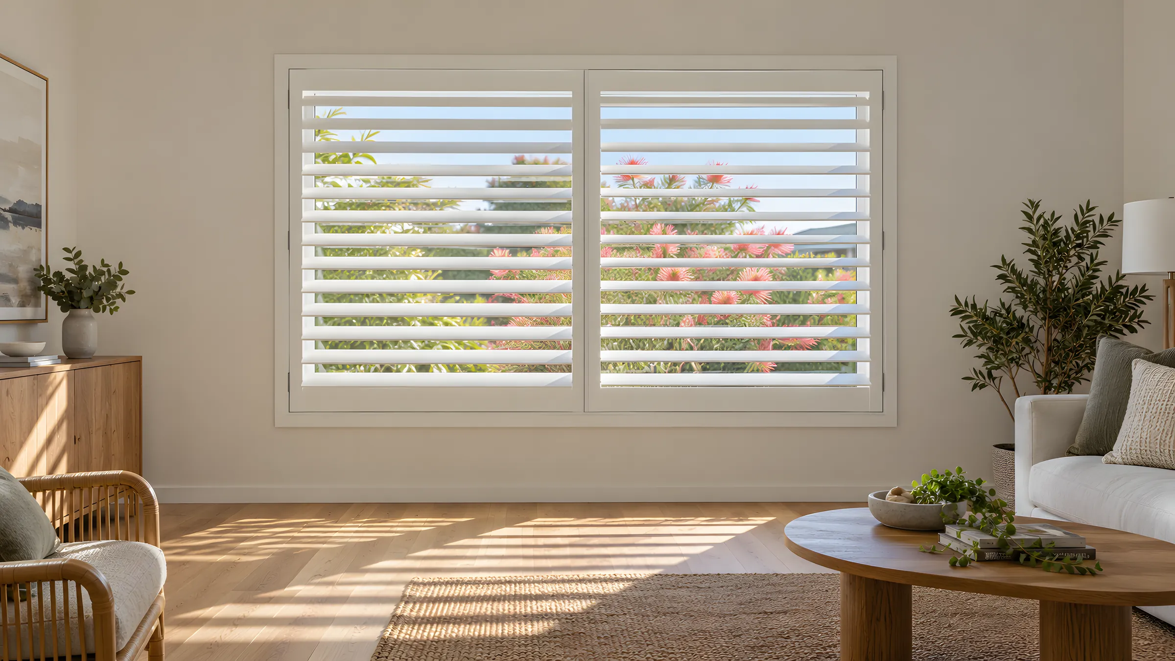 Plantation shutters guide: white PVC shutters fitted inside a living room window with the blades slightly open