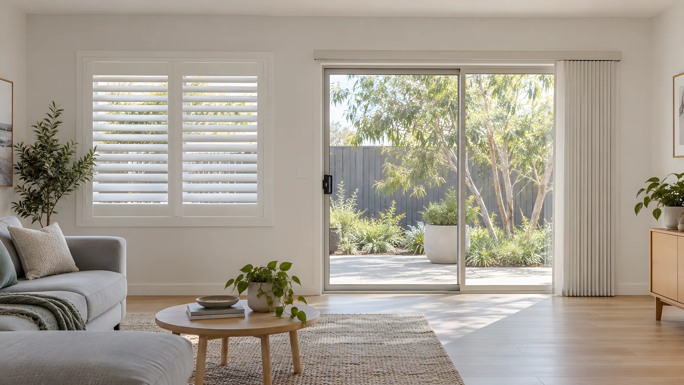 Can you put plantation shutters on sliding doors? Shutters beside a sliding door covered by vertical blinds