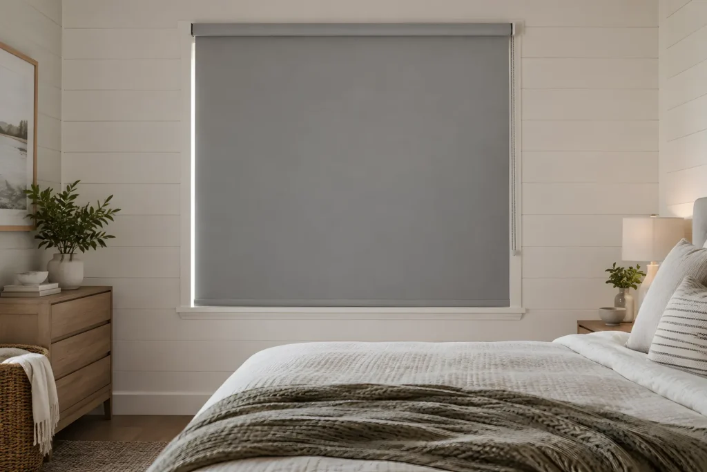 A face-fitted blockout roller blind in a dark bedroom window with a narrow strip of light at the side
