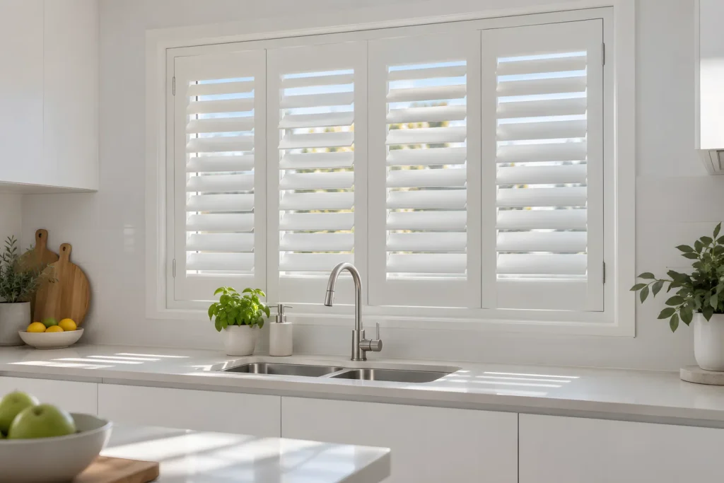 PVC plantation shutters in a kitchen window above a sink with the blades tilted open
