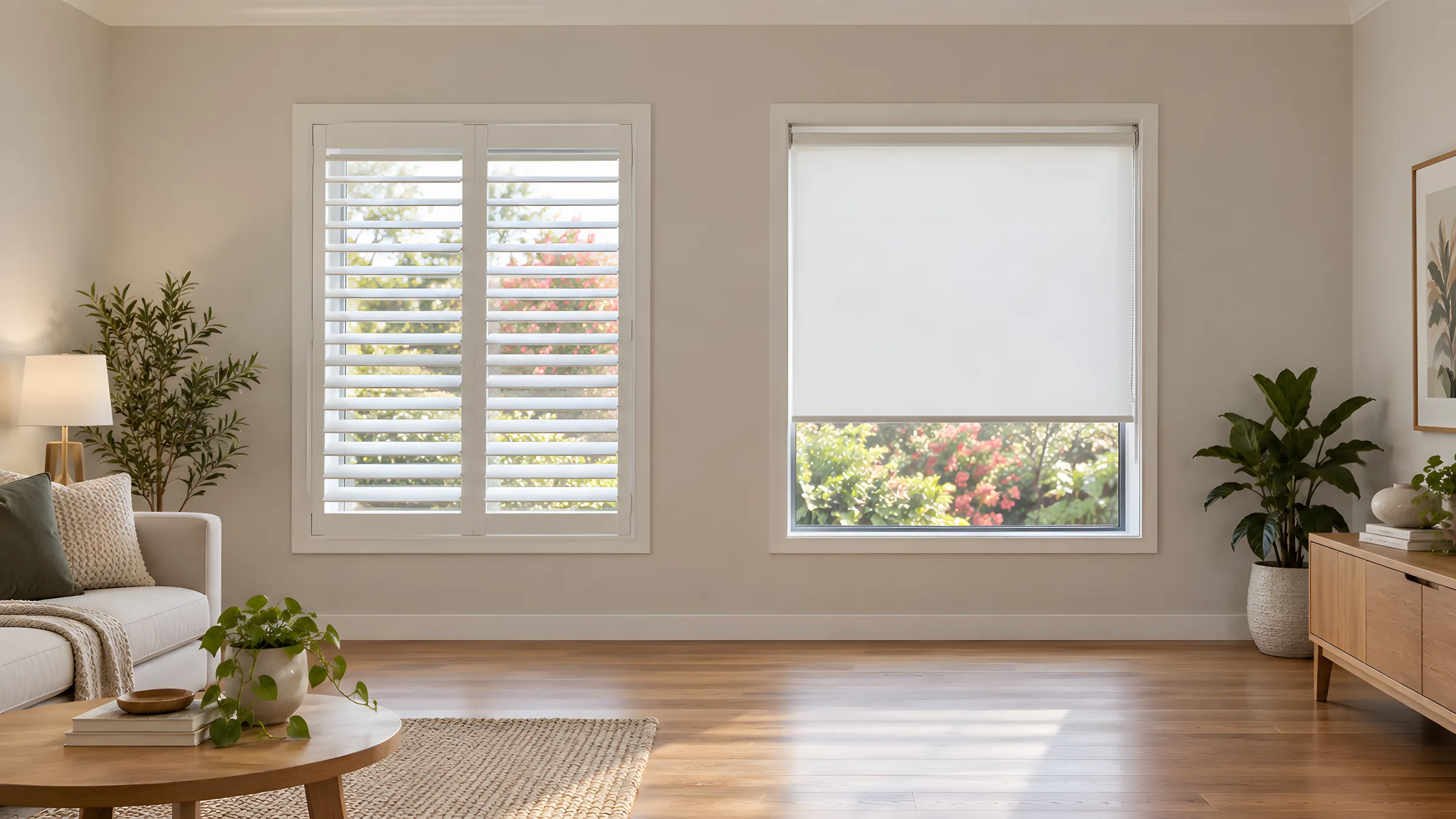 A living room wall with white plantation shutters on one window and a roller blind on the next