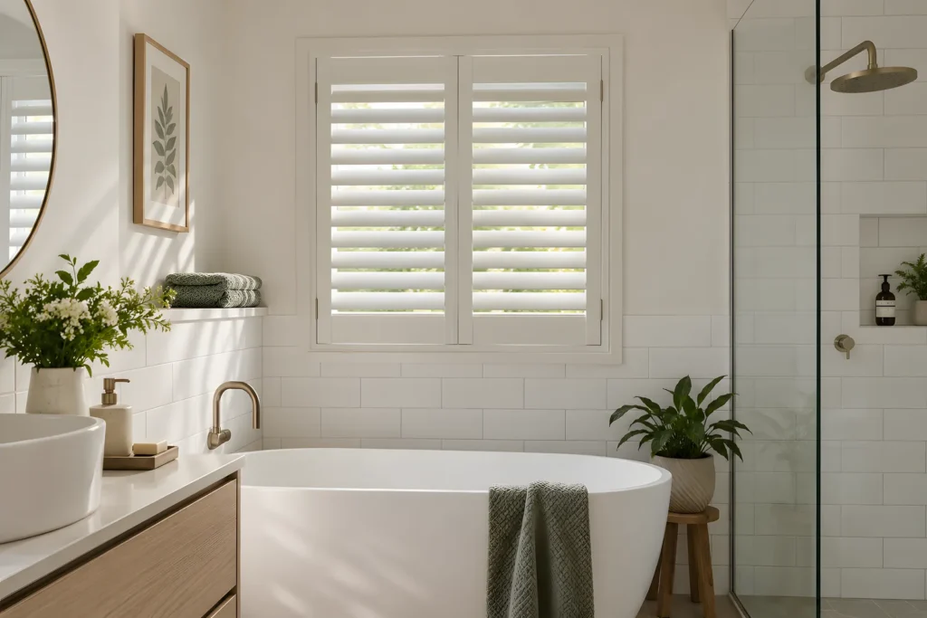 PVC plantation shutters in a bathroom window away from the shower with the blades tilted open