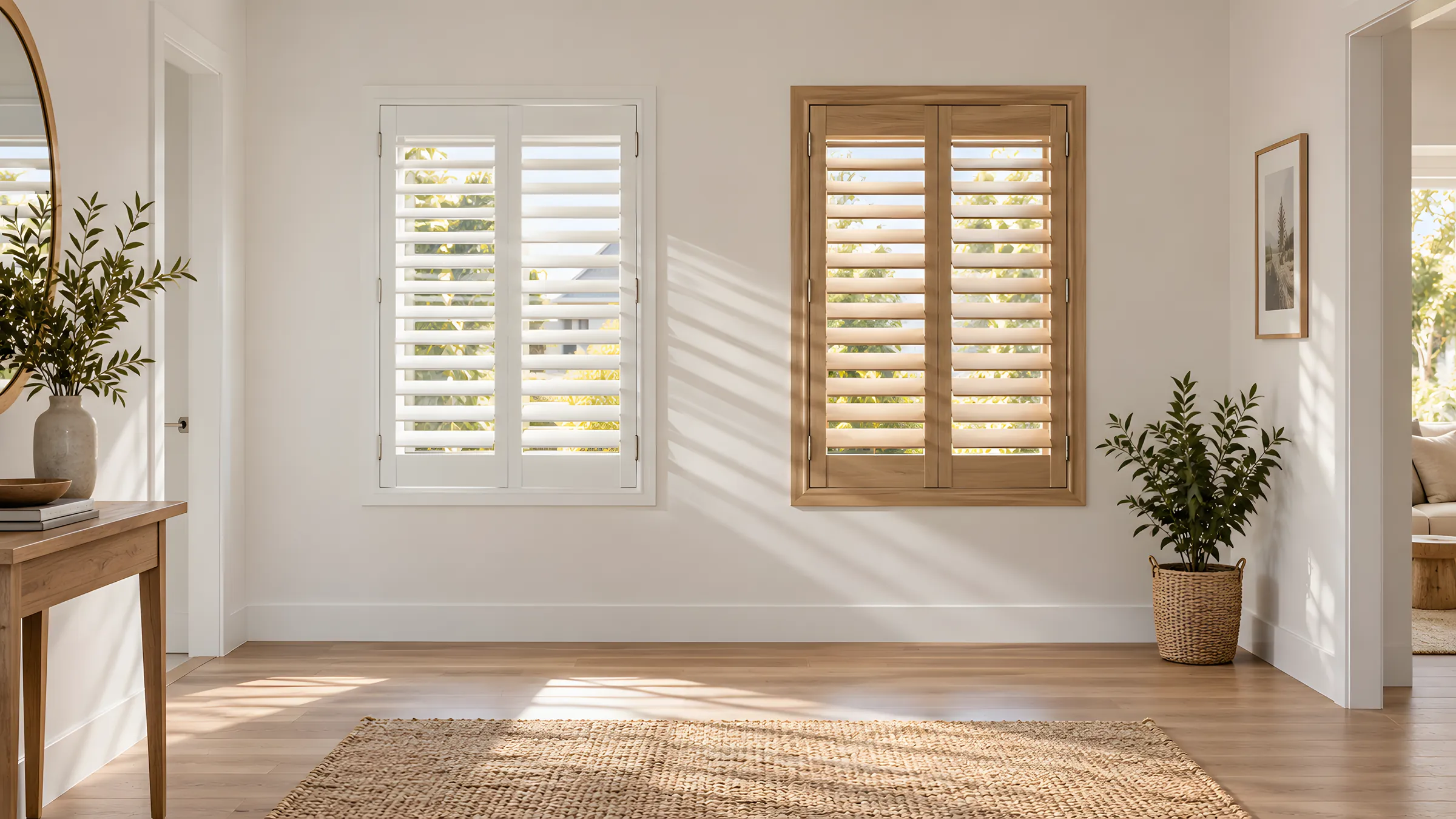 A white PVC plantation shutter beside a stained timber plantation shutter on the same wall