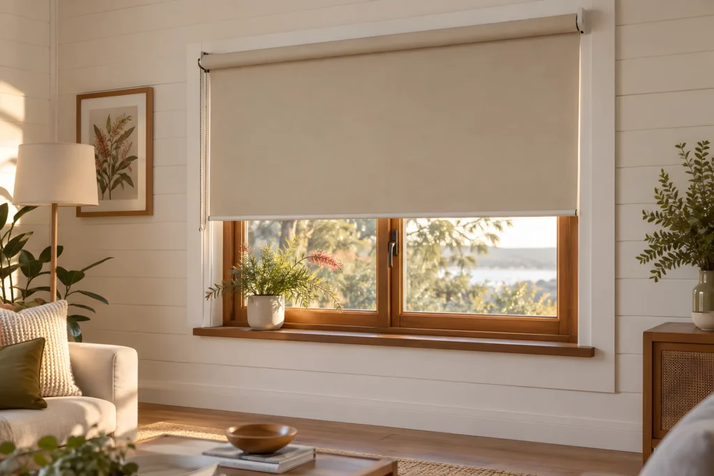 Face-fitted roller blind mounted on the wall above a window with a handle on the frame