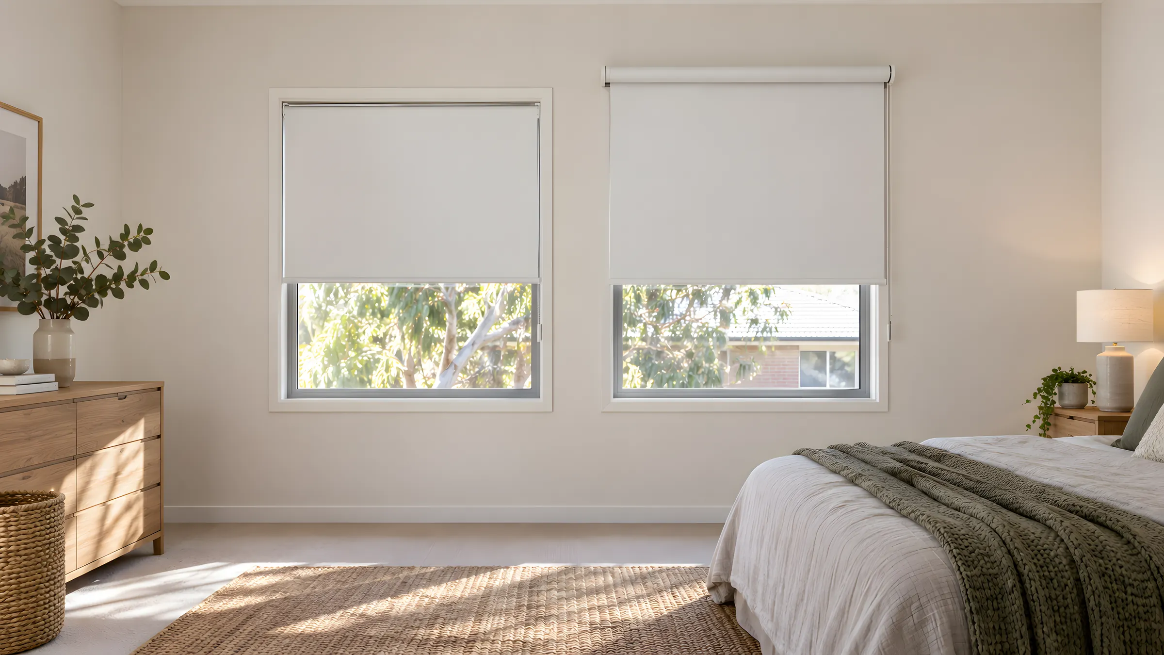 Recess fit vs face fit: a white roller blind inside a window recess beside a second blind mounted on the wall face