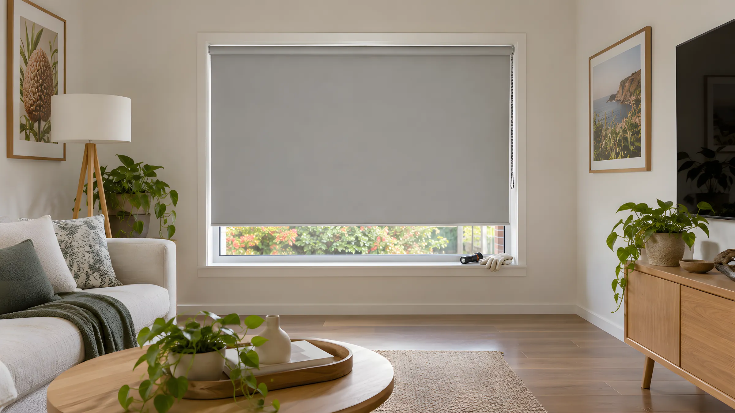 How to fix a roller blind chain: a roller blind with a stainless steel chain hanging neatly beside a bright window