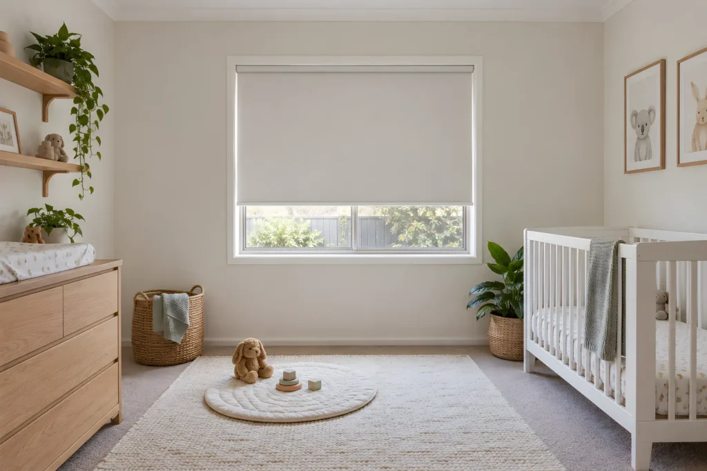 A cordless roller blind in a nursery lowered without a chain