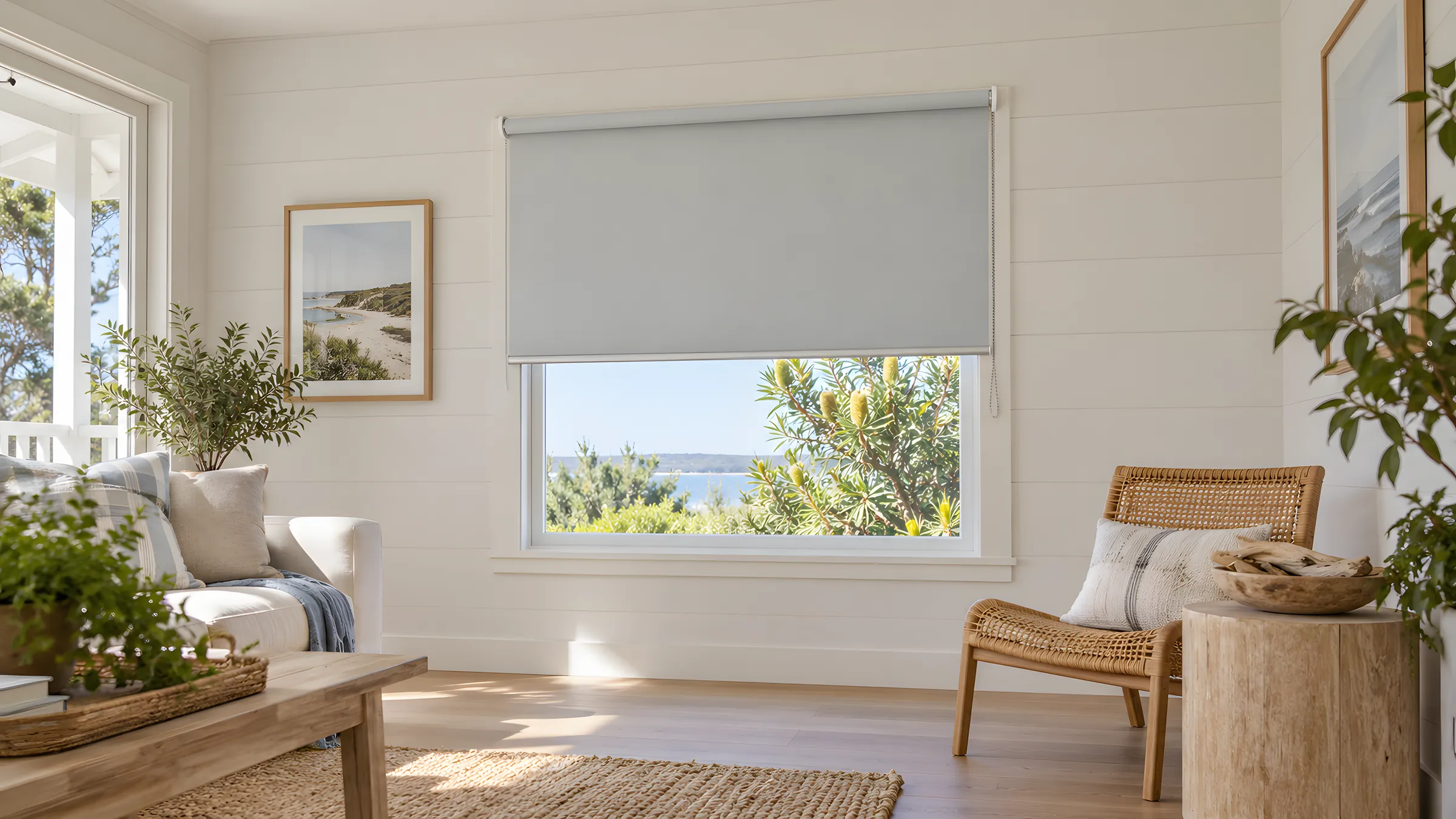 Roller blind controls: a roller blind with a stainless steel chain beside a coastal home window