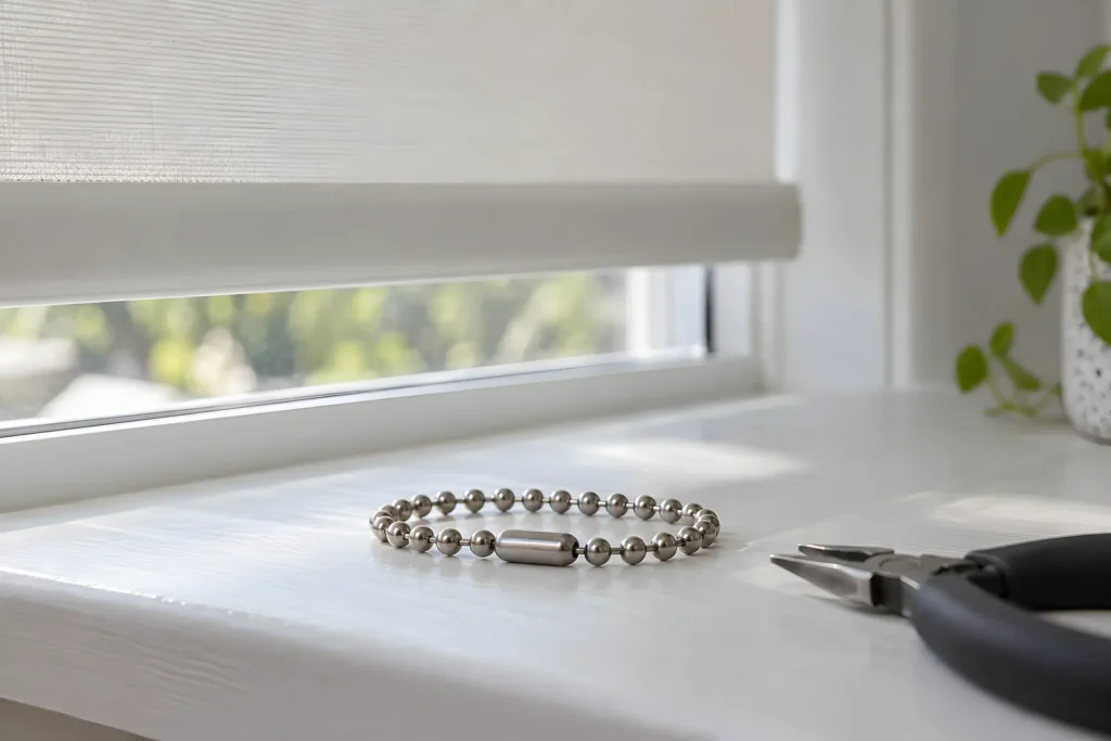 A short loop of stainless steel bead chain joined by a small connector, resting on a white windowsill