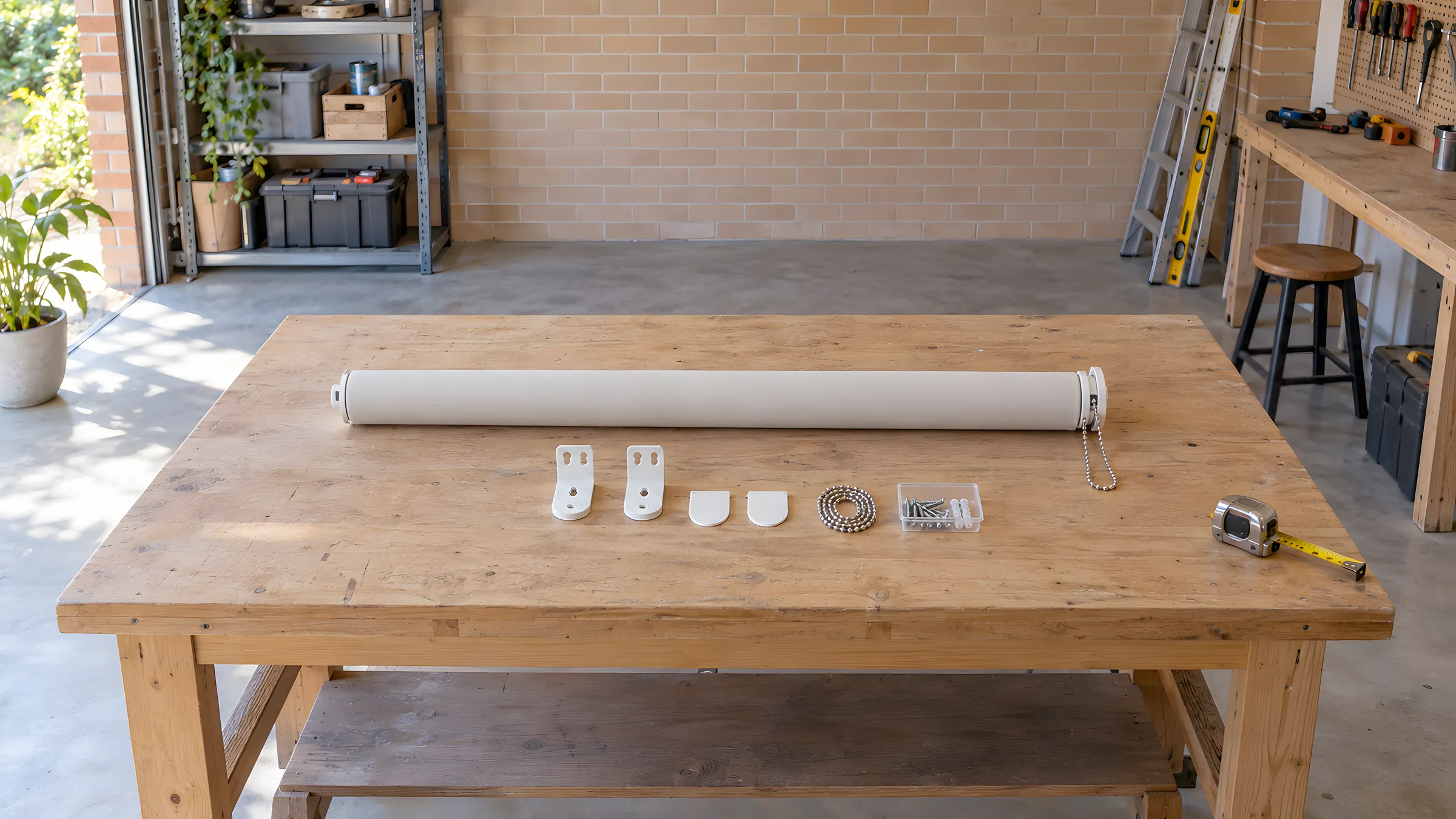 Roller blind parts: a blind on a workbench with brackets, stainless steel chain and side covers laid out beside it