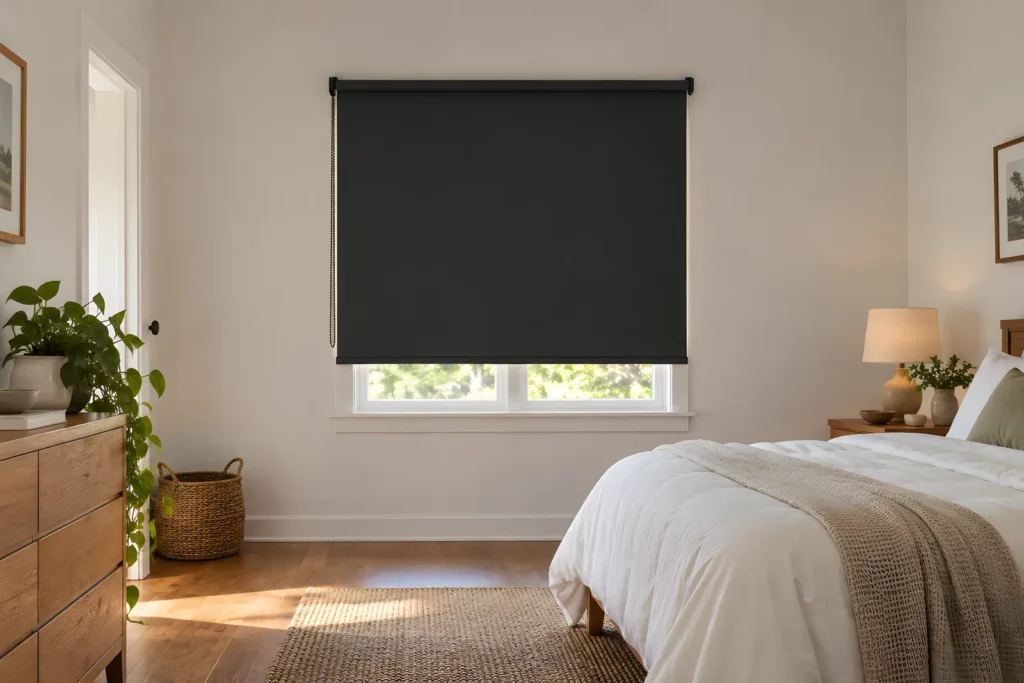 A dark blockout roller blind fully lowered over a bedroom window with a thin line of daylight at the edges