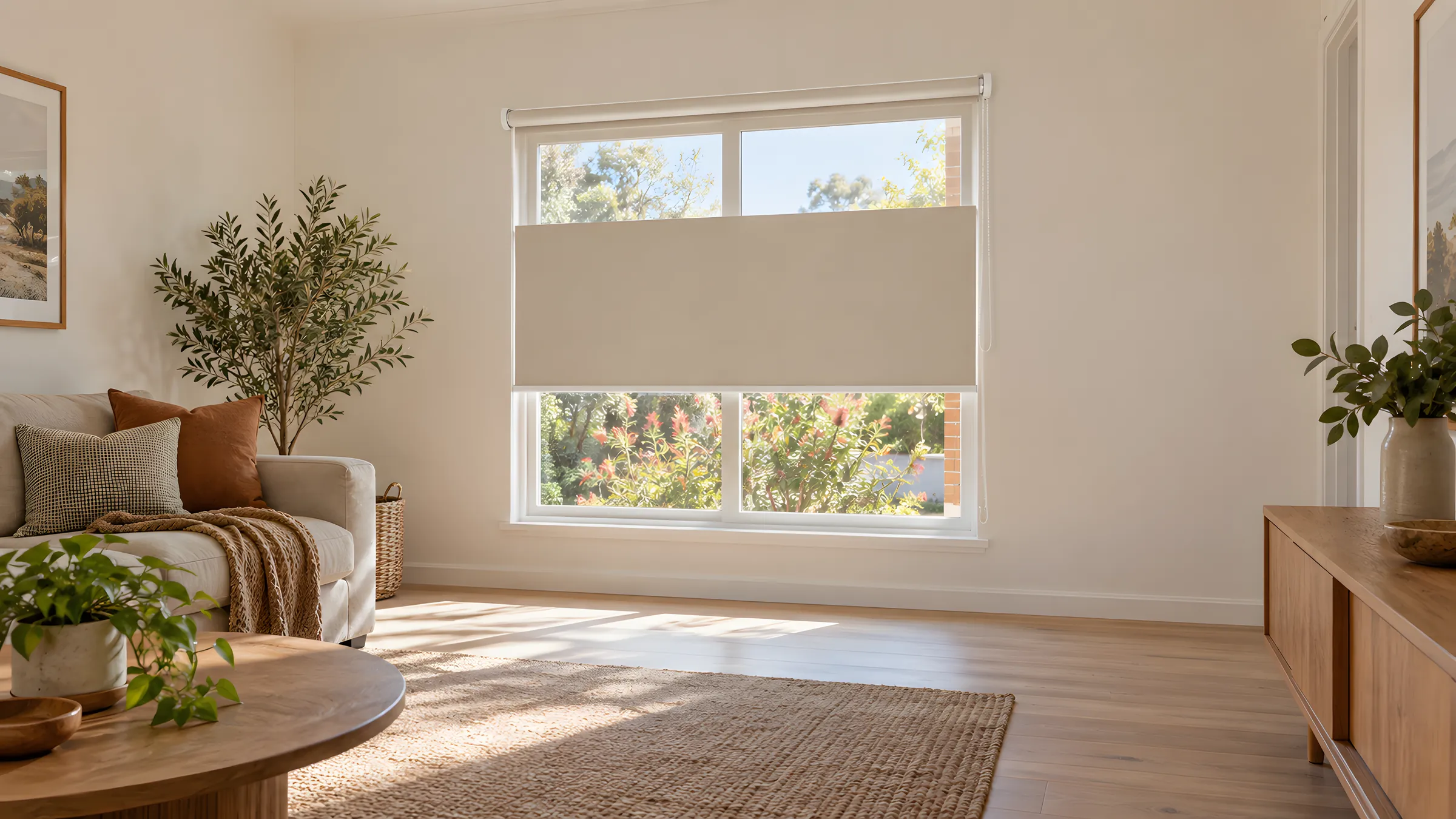 Roller blinds guide: a sandstone-coloured roller blind lowered two-thirds over a living room window