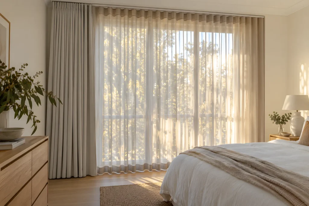 Taupe sheer curtains and a blockout layer in a calm bedroom