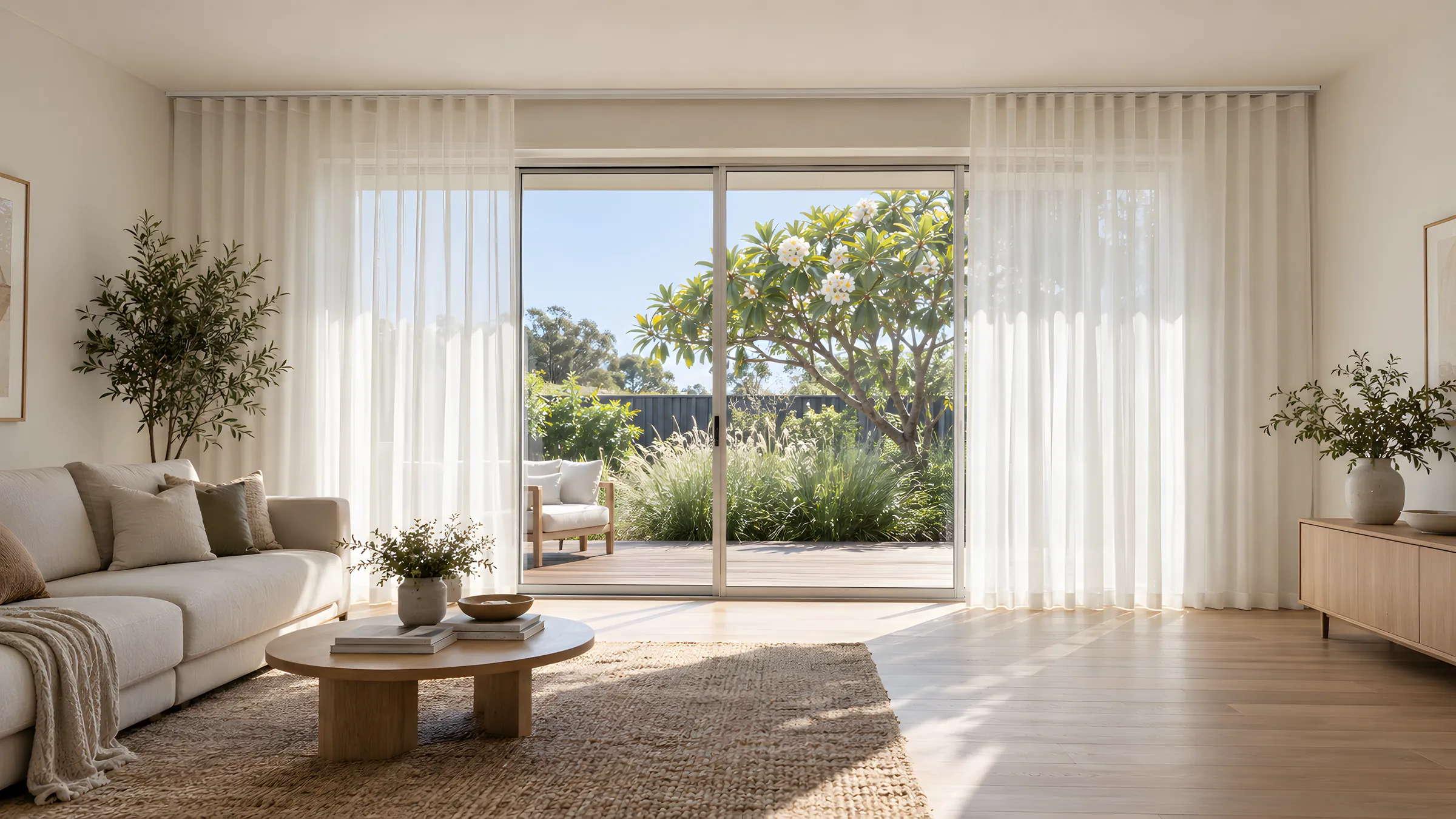 Sheer curtain ideas: floor-length sheer curtains softening daylight beside a sliding door in a living room