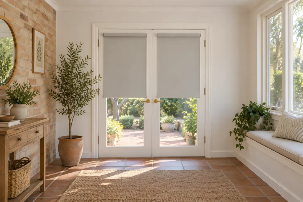 A front roll roller blind on French doors clearing the door handles