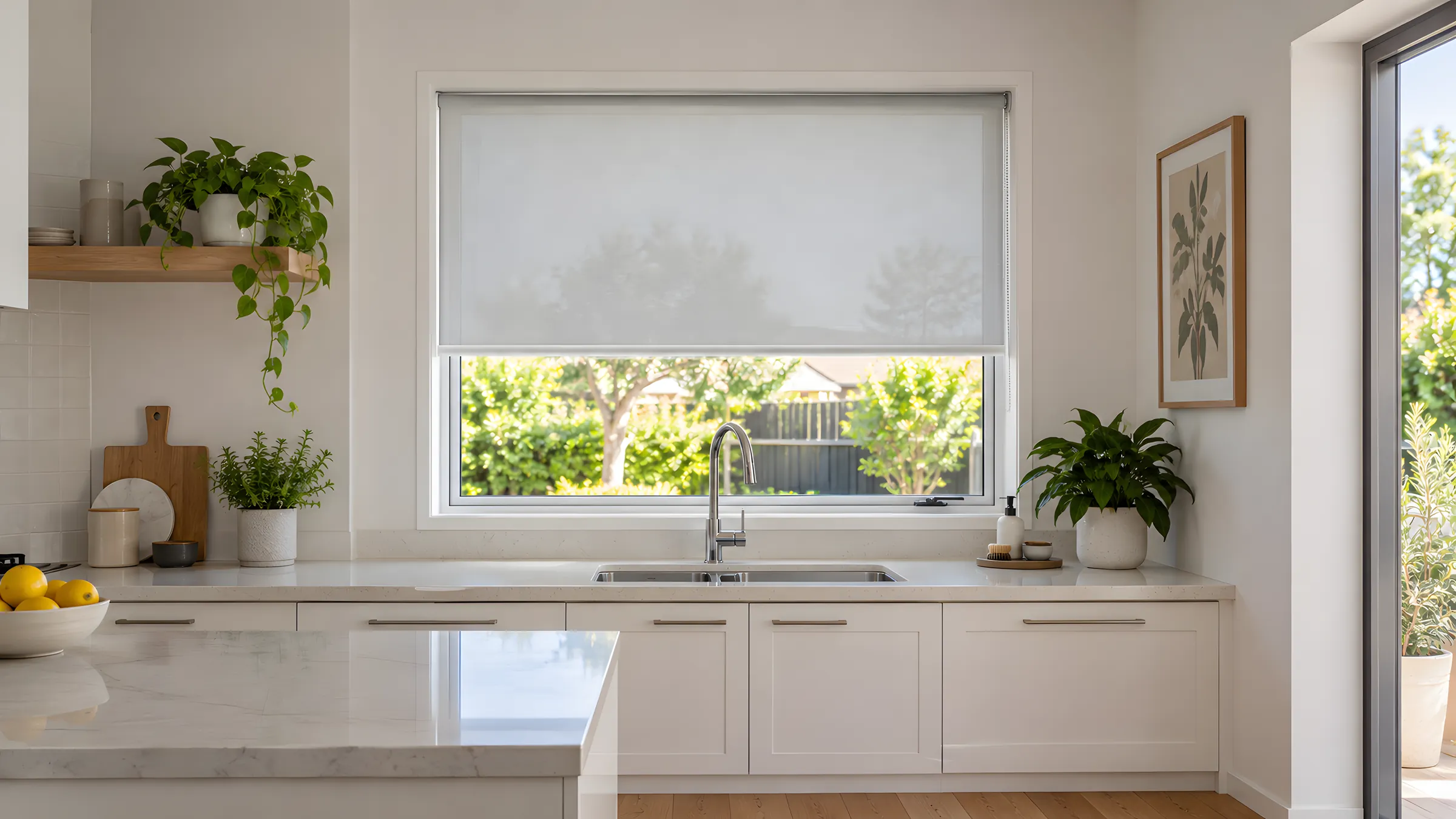 Reverse roll vs standard roll: a front roll SunScreen blind clearing a window handle above a kitchen sink
