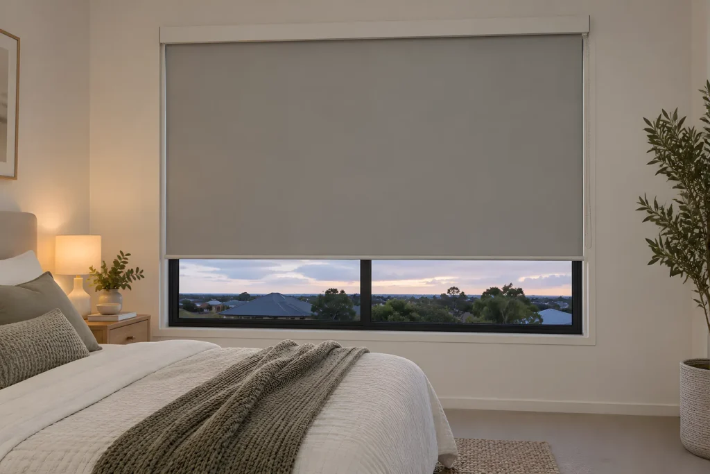 Face-fit blockout roller blind with a headbox and side channels on a bedroom window