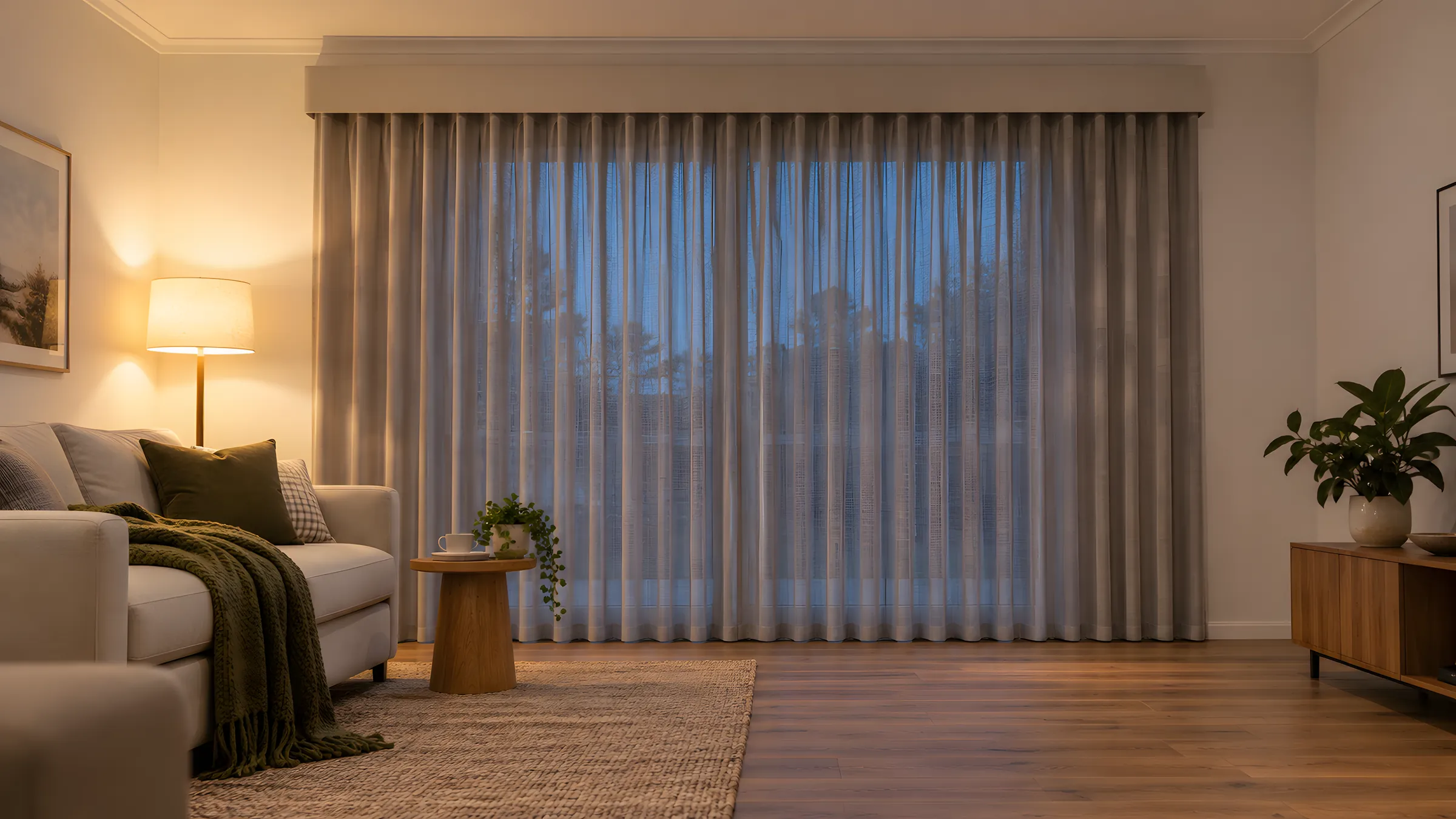 Thermal curtains: lined S Fold curtains drawn across a wide living room window on a winter evening
