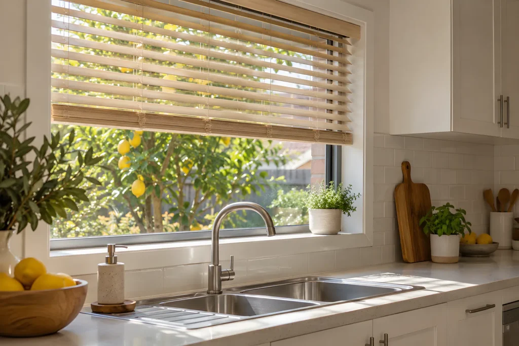 Fauxwood venetian blind over a kitchen sink window