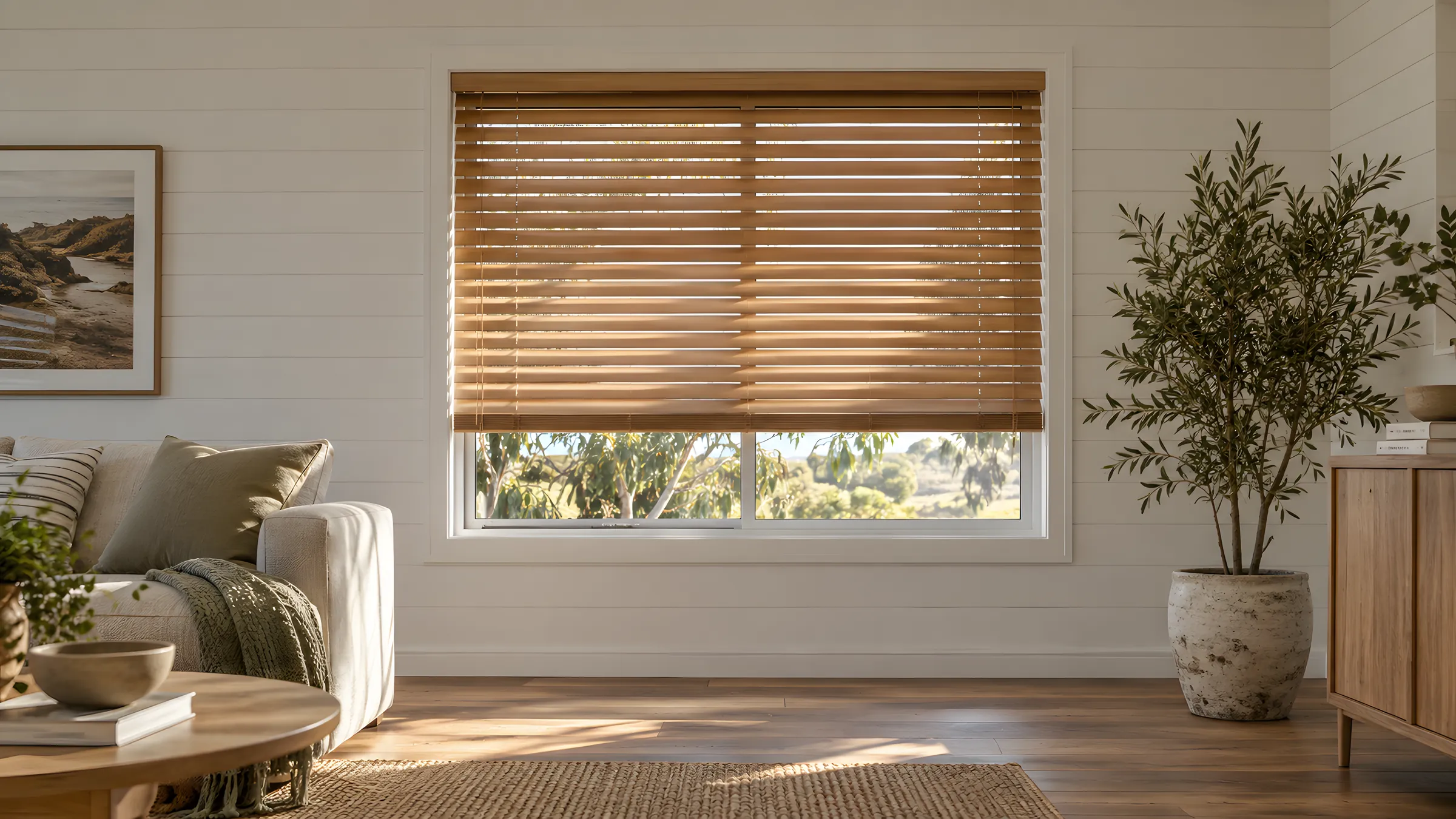 Wooden blinds: timber venetian blinds with tilted slats in a living room window
