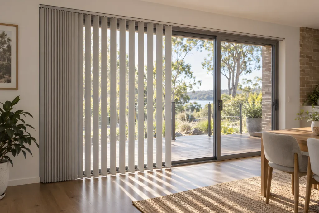 Vertical blinds across a sliding glass door with the vanes partly open