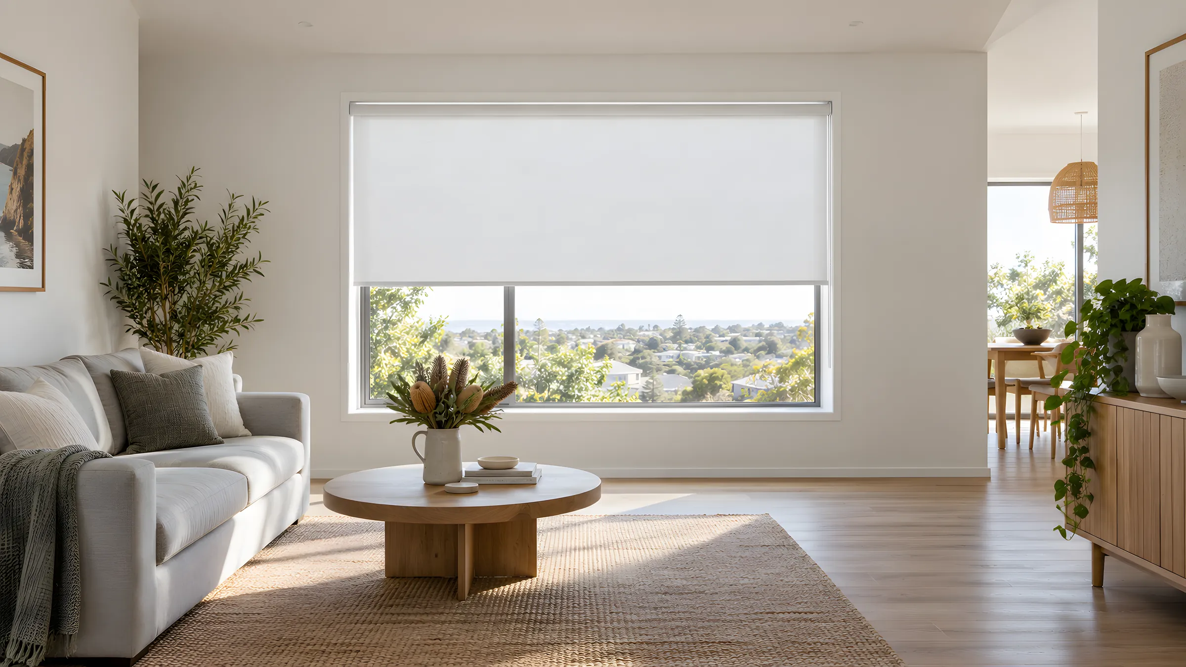 Types of blinds: a light filter roller blind lowered halfway in a bright living room window