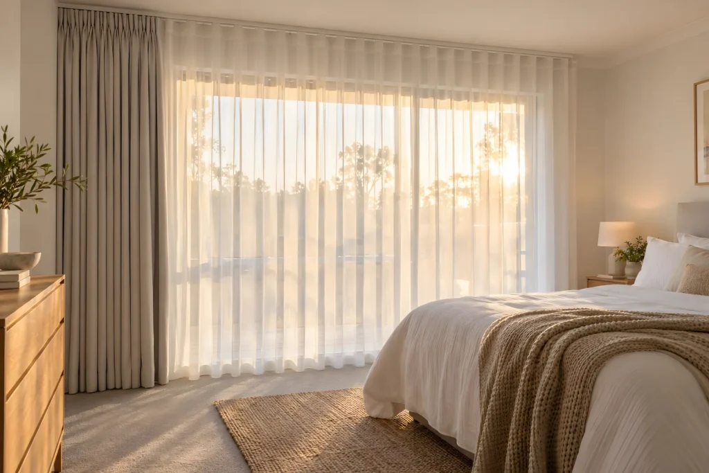Double curtains in a bedroom with a sheer at the front and a blockout curtain drawn back behind it