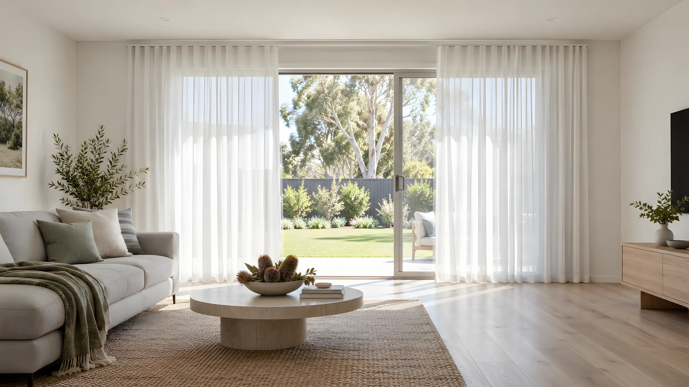 Types of curtains: Bali Snow sheer curtains with S Fold waves on a white ceiling track in a bright living room