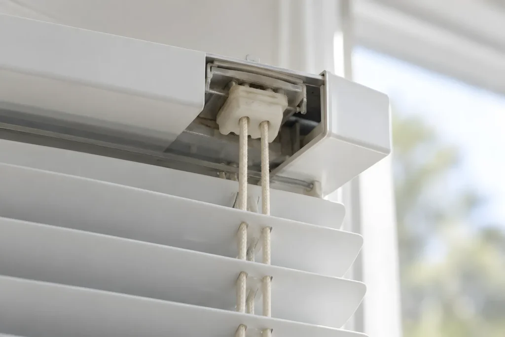 Close-up of two lift cords passing through the cord lock underneath a venetian blind headrail
