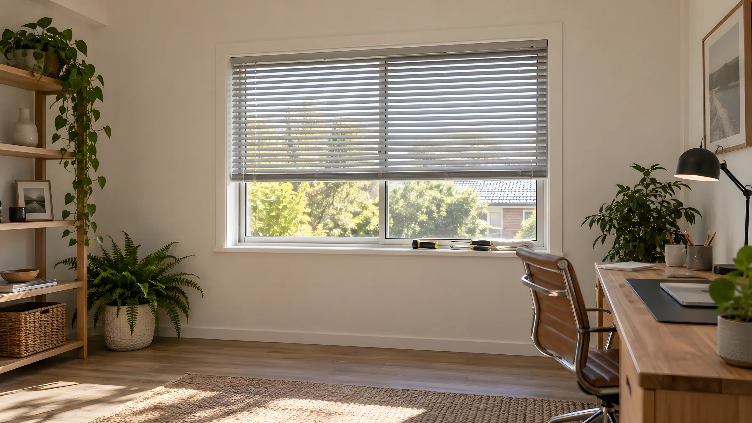 Venetian blind repairs: an aluminium venetian blind raised halfway with a torch and screwdriver on the windowsill