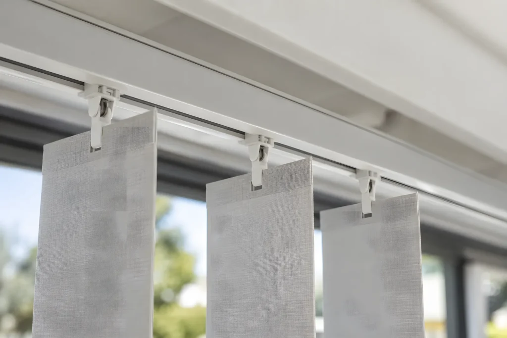 Close-up of the top of a fabric vane hooked onto a carrier inside a headrail