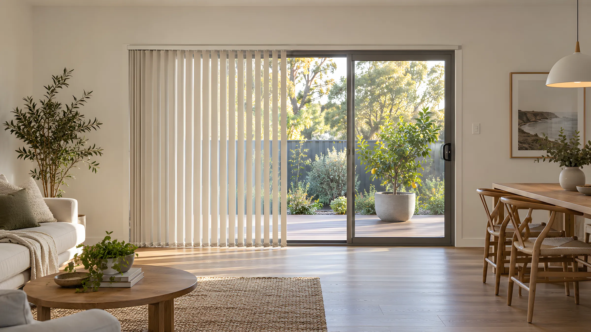 Vertical blind parts: vertical blinds in a pale fabric across a sliding door with the vanes angled evenly