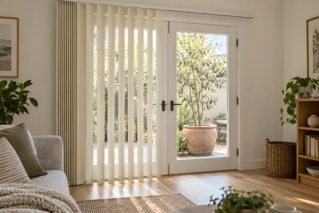 Vertical blinds across French doors in a warm biscuit fabric