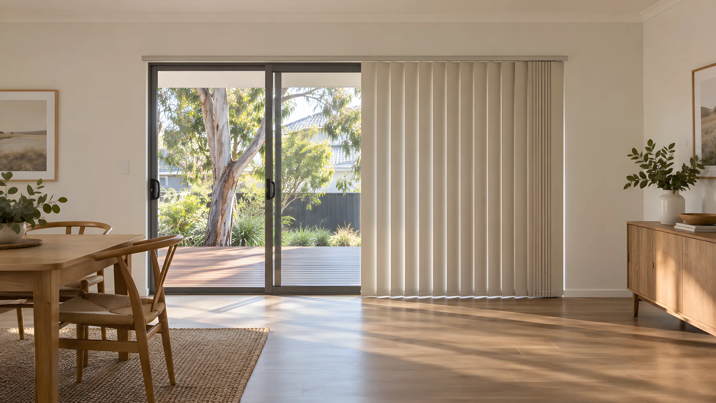 Modern vertical blinds in a soft sand fabric across a sliding door in a dining room