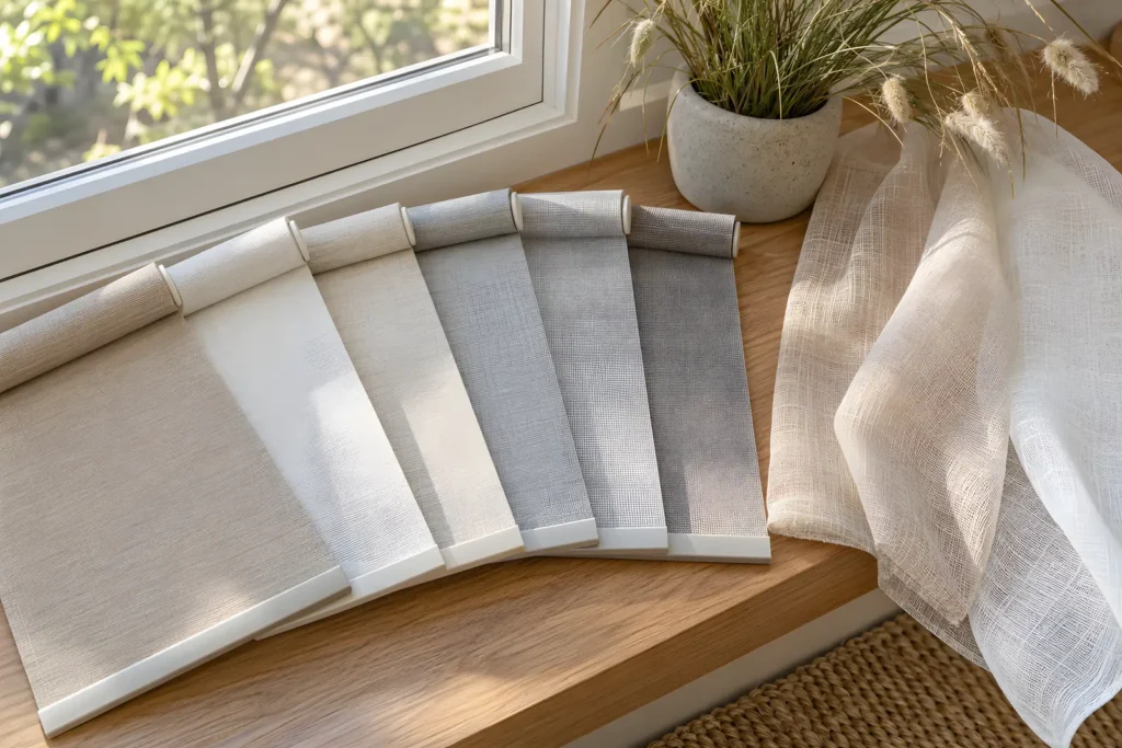 Roller blind and curtain fabric samples fanned out on a timber windowsill