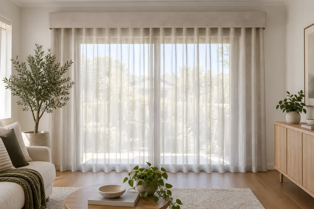 Sheer curtains hanging below a fabric-covered pelmet in a living room