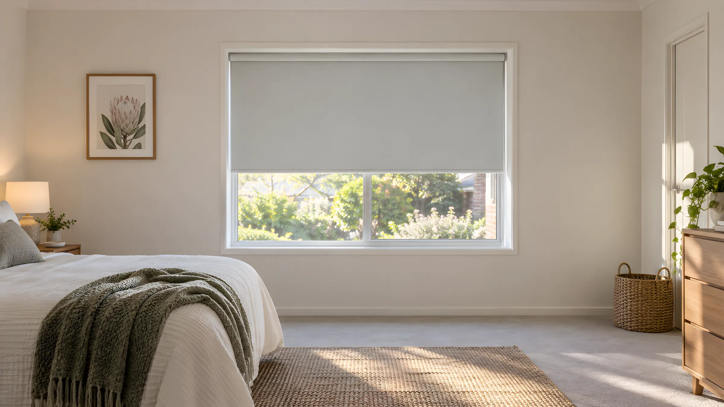 Minimum depth for recess blinds: a roller blind fitted neatly inside a deep window recess in a bedroom